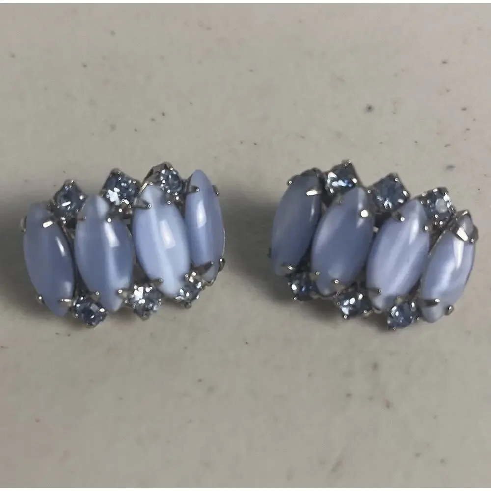 Blue Moonstone Art Glass Rhinestone Clip On Earrings 50s 60s Vintage MCM Mod